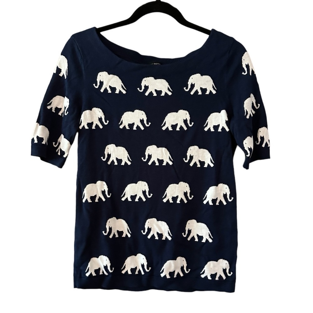 Talbots Navy and White Elephant Pattern 3/4 Sleeve Sweater Top